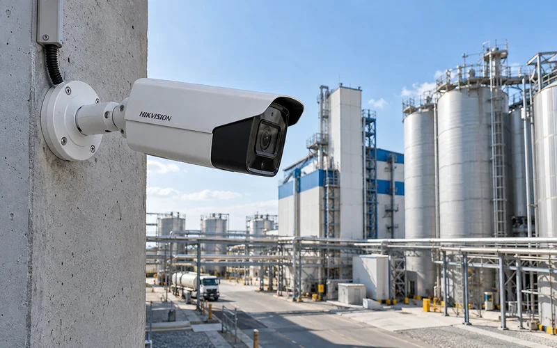 Камера Hikvision висит на стене цеха и смотрит на заводской двор