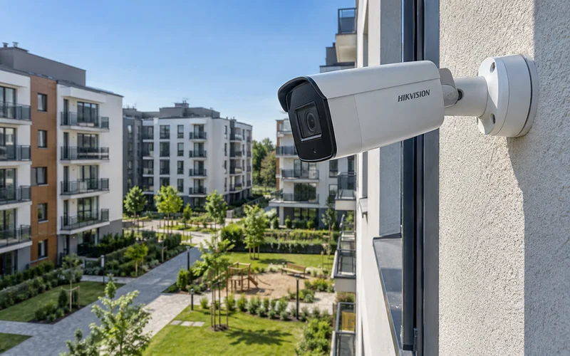 Hikvision на стене пятиэтажки смотрит во двор