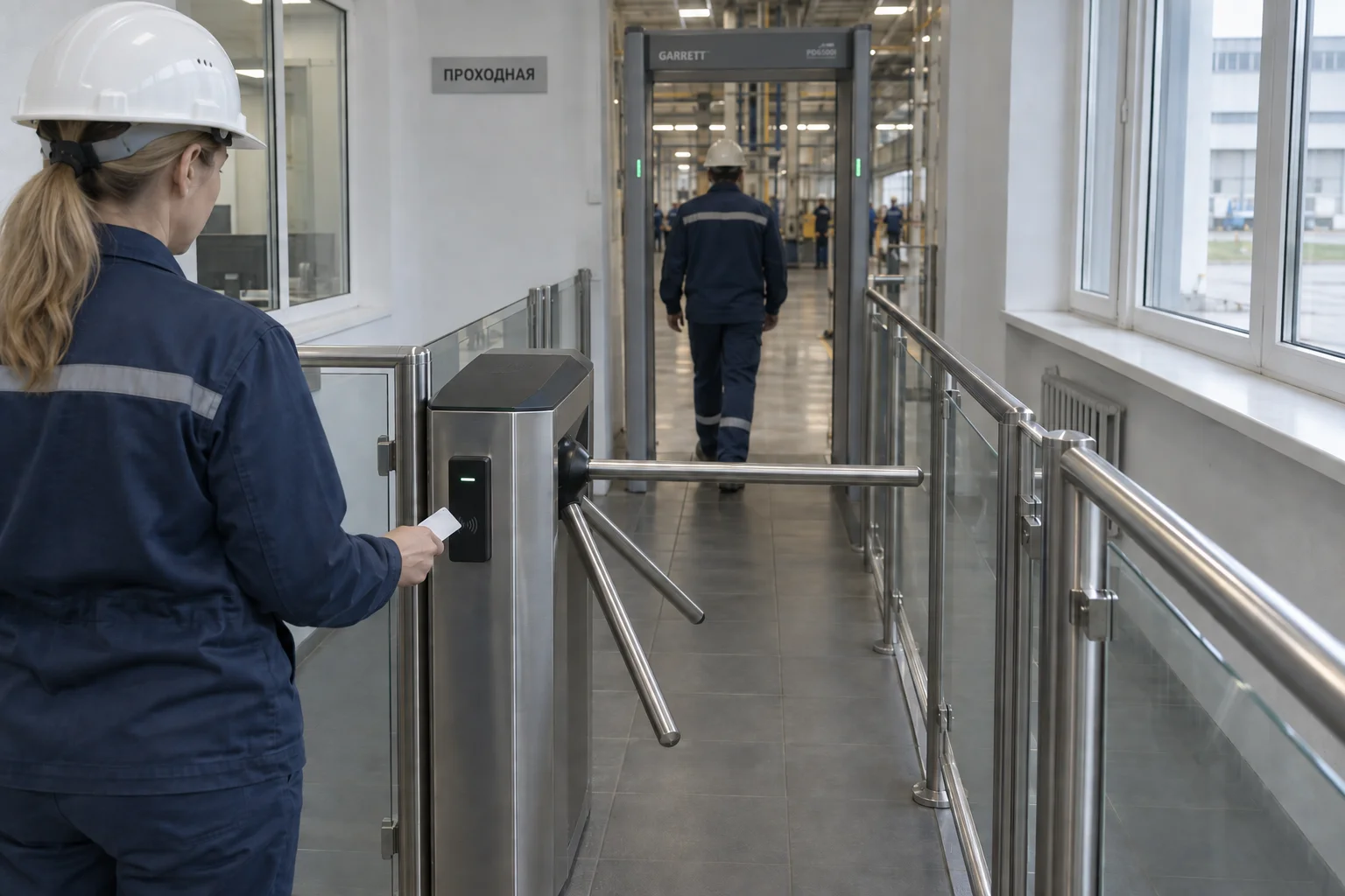 Работница прикладывает пропуск к турникету-триподу; позади мужчина проходит через рамку