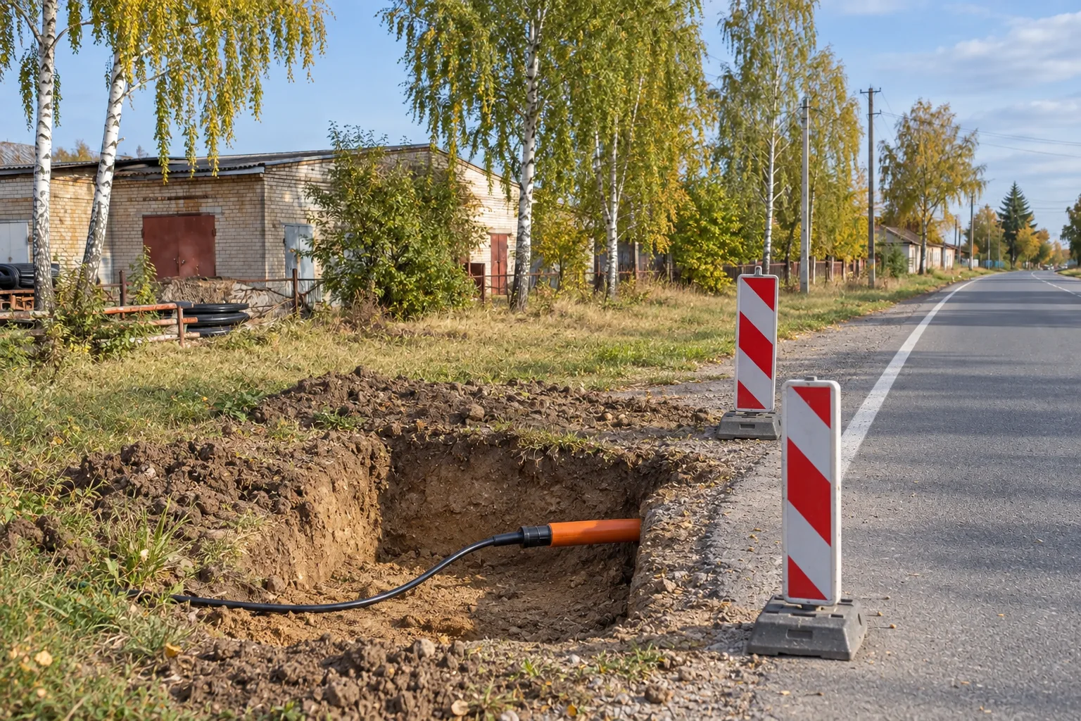 Выход защитной трубы с оптикой после прокола под дорогой