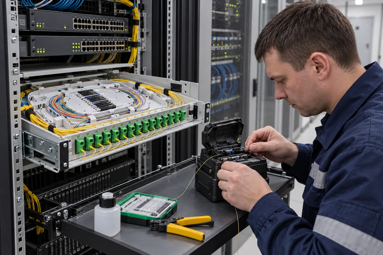 Специалист сваривает оптику у открытого кросса
